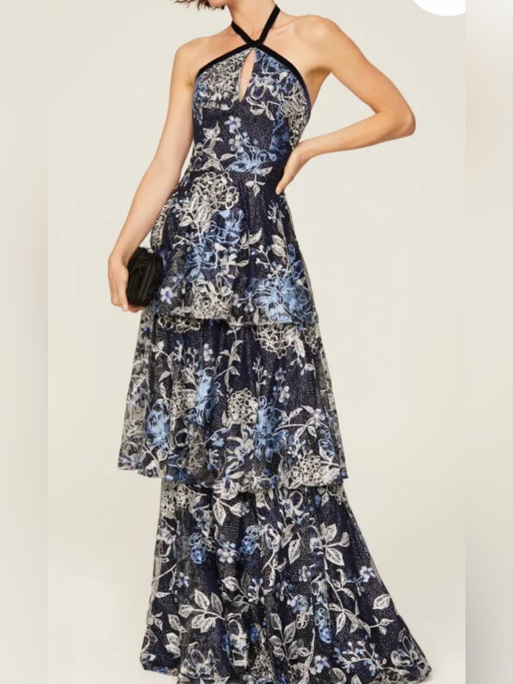 Tiered Floral Halter Maxi Dress in Navy Blue